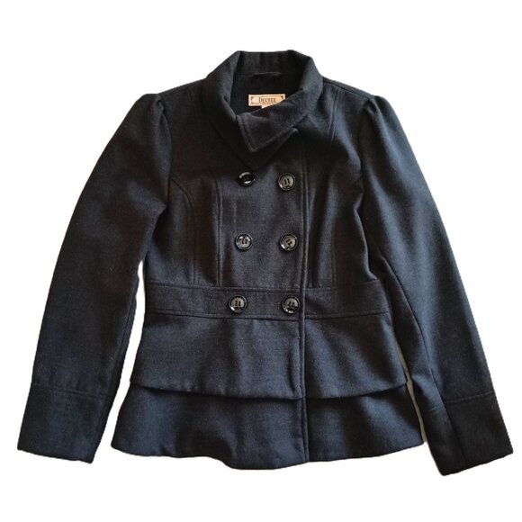 Decree Double Breasted Pea Coat Lined Hip Length Heather Charcoal Gray Peplum Lg - Picture 1 of 6